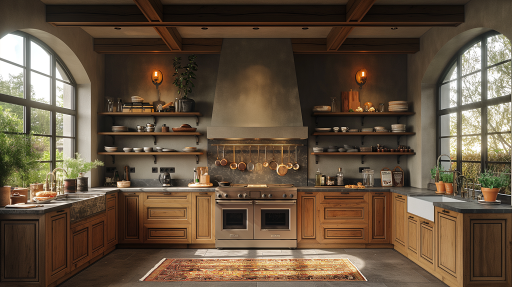 Majestic Cabinet | Kitchen featuring a brown classic style, with Open Shelving Cabinets design