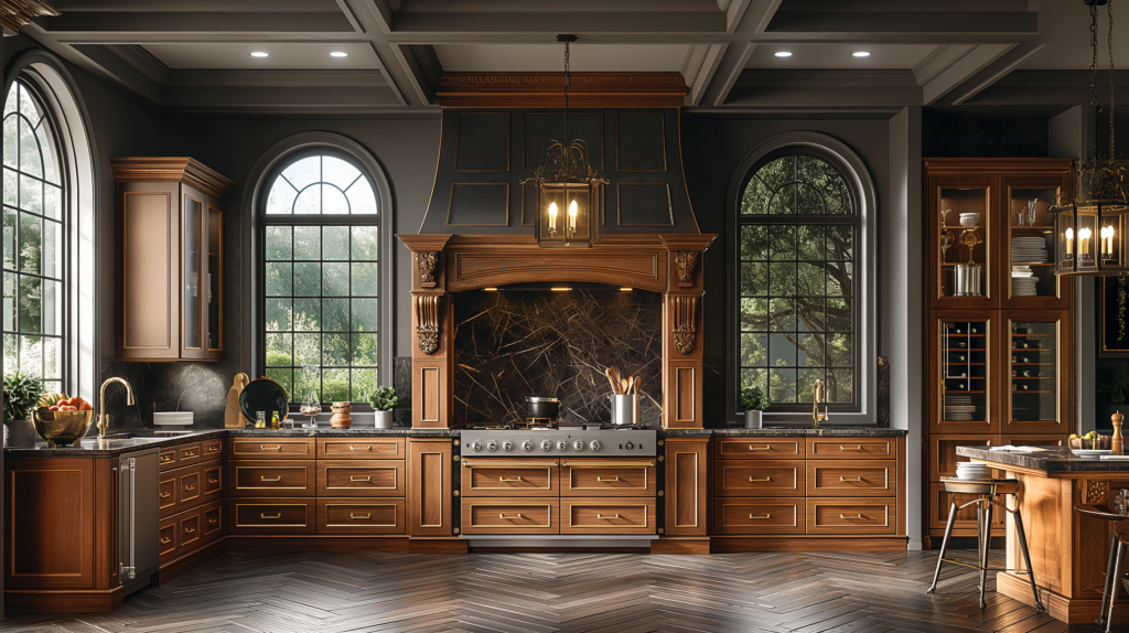 Kitchen featuring a brown traditional raised cabinet in a classic style kitchen and long windows.